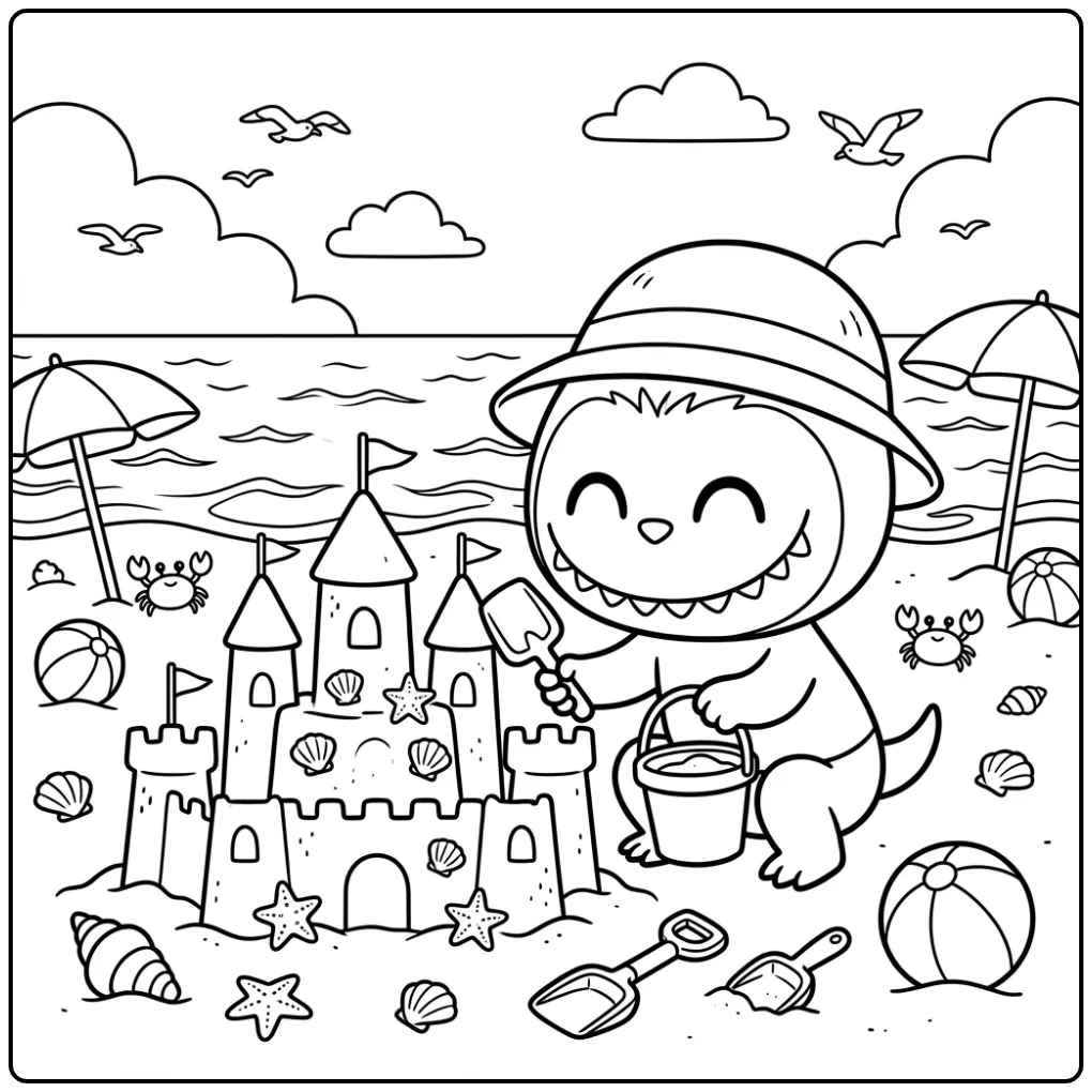 Schattige kleurplaat labubu zomer bouwt een groot zandkasteel.