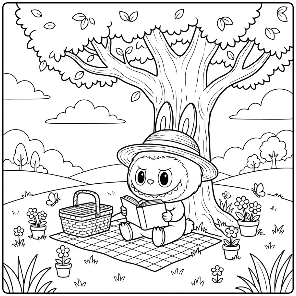 Een leuke kleurplaat labubu zomer lezend onder een boom.