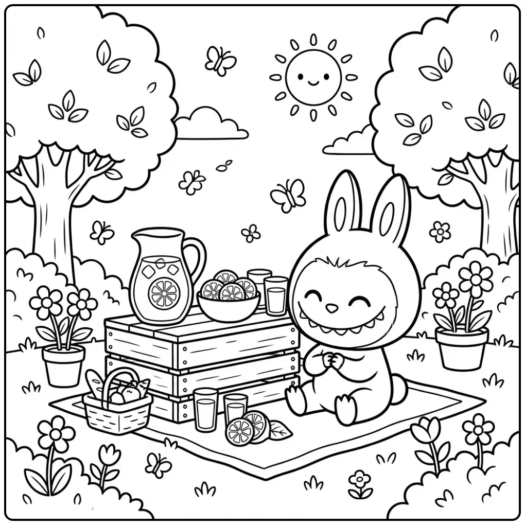 Leuke kleurplaat labubu zomer bij een houten limonadestand.