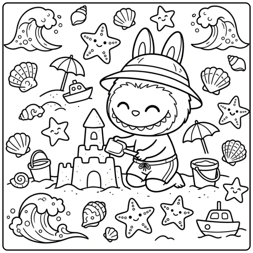 Leuke kleurplaat labubu zomer bouwt een groot zandkasteel.