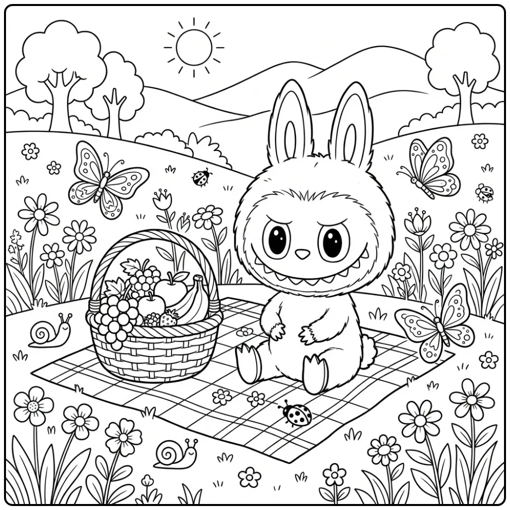 Mooie kleurplaat labubu zomer in het gras met vlinders