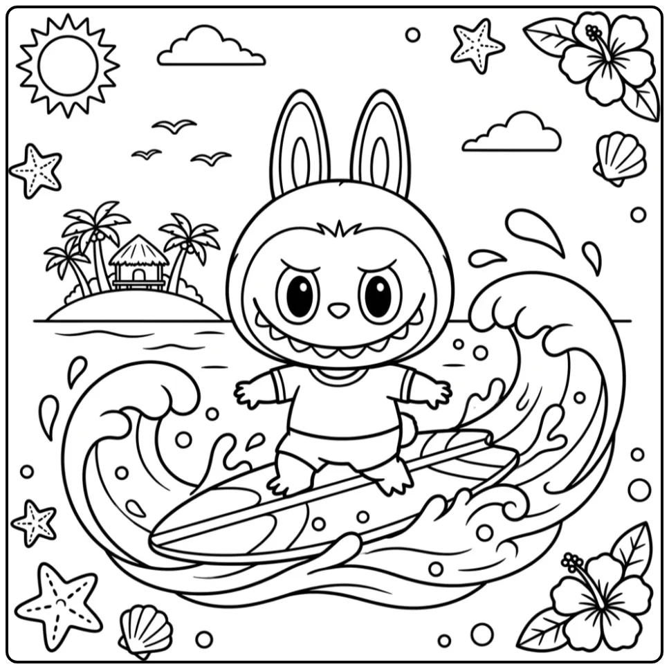 Leuke kleurplaat Labubu zomer op de golven.