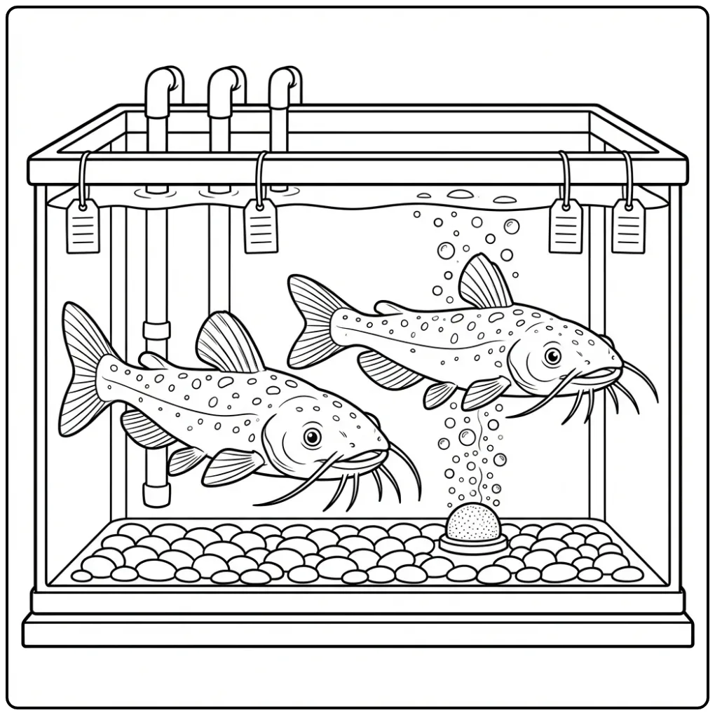 Schattige kleurplaat meerval zwemmend in een kweektank.