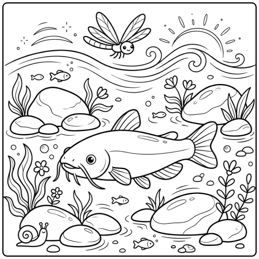 Schattige kleurplaat meerval zwemmend tussen rivierstenen.