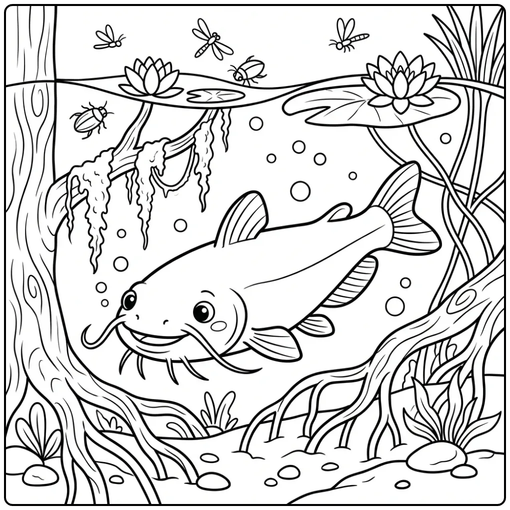 Schattige kleurplaat meerval zwemmend in een moeras.