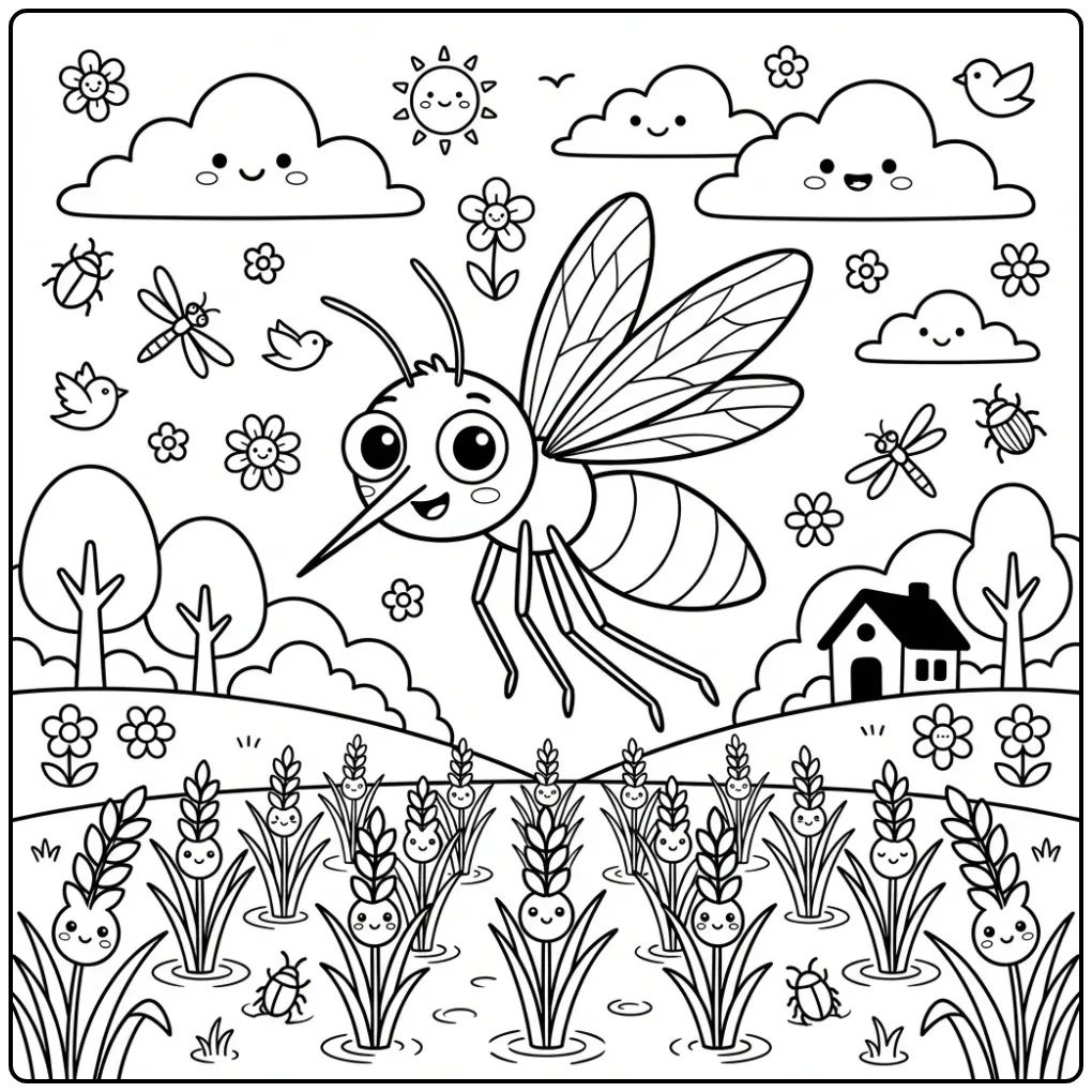 Een leuke kleurplaat mug vliegend boven een rijstveld.