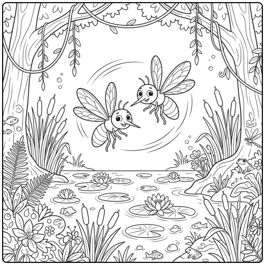 Schattige kleurplaat mug vliegend boven waterlelies