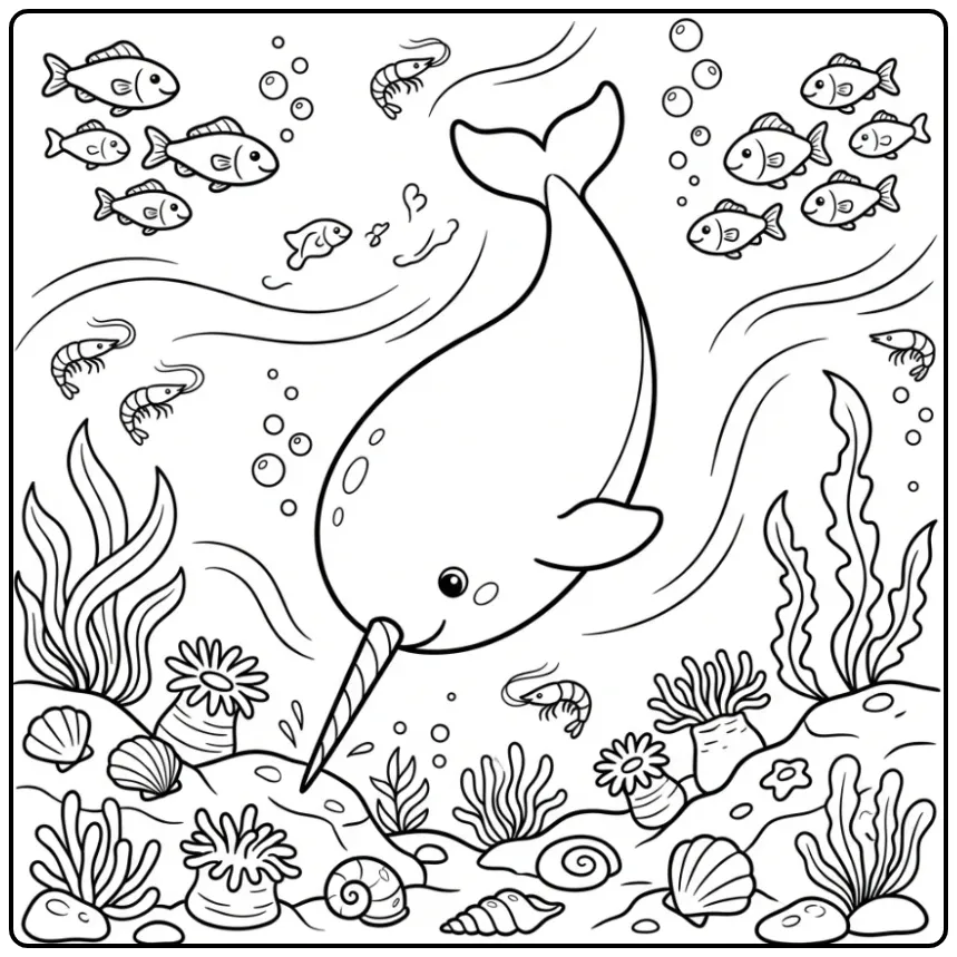 Kleurplaat narwal etend op de zeebodem met vissen.