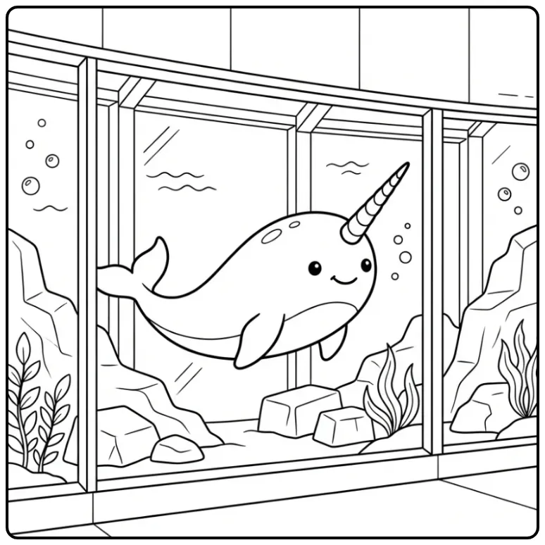 Schattige kleurplaat narwal in een aquarium met ijsrotsen.