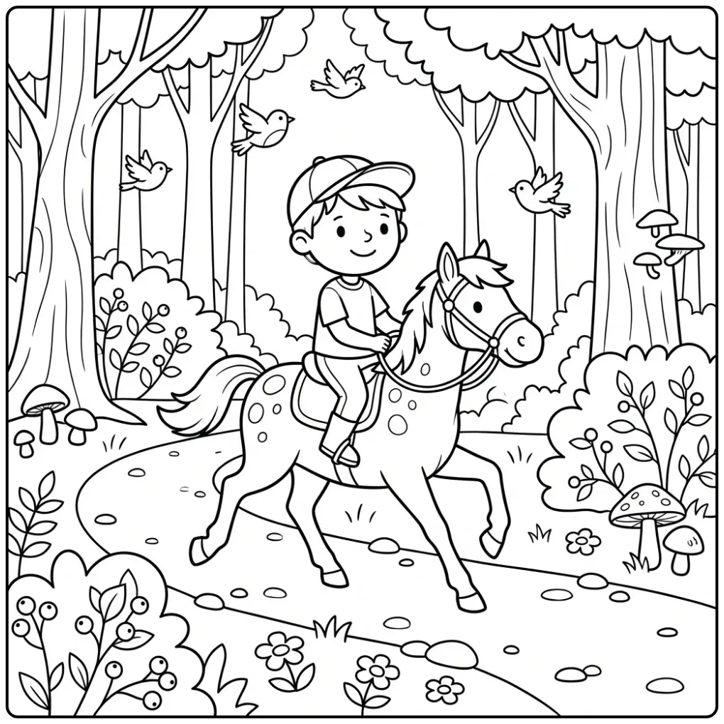 Leuke kleurplaat paard met ruiter op een bospad.