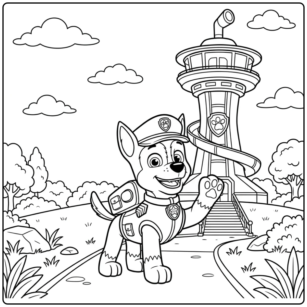 kleurplaat paw patrol chase, Chase zwaaiend voor de Uitkijktoren