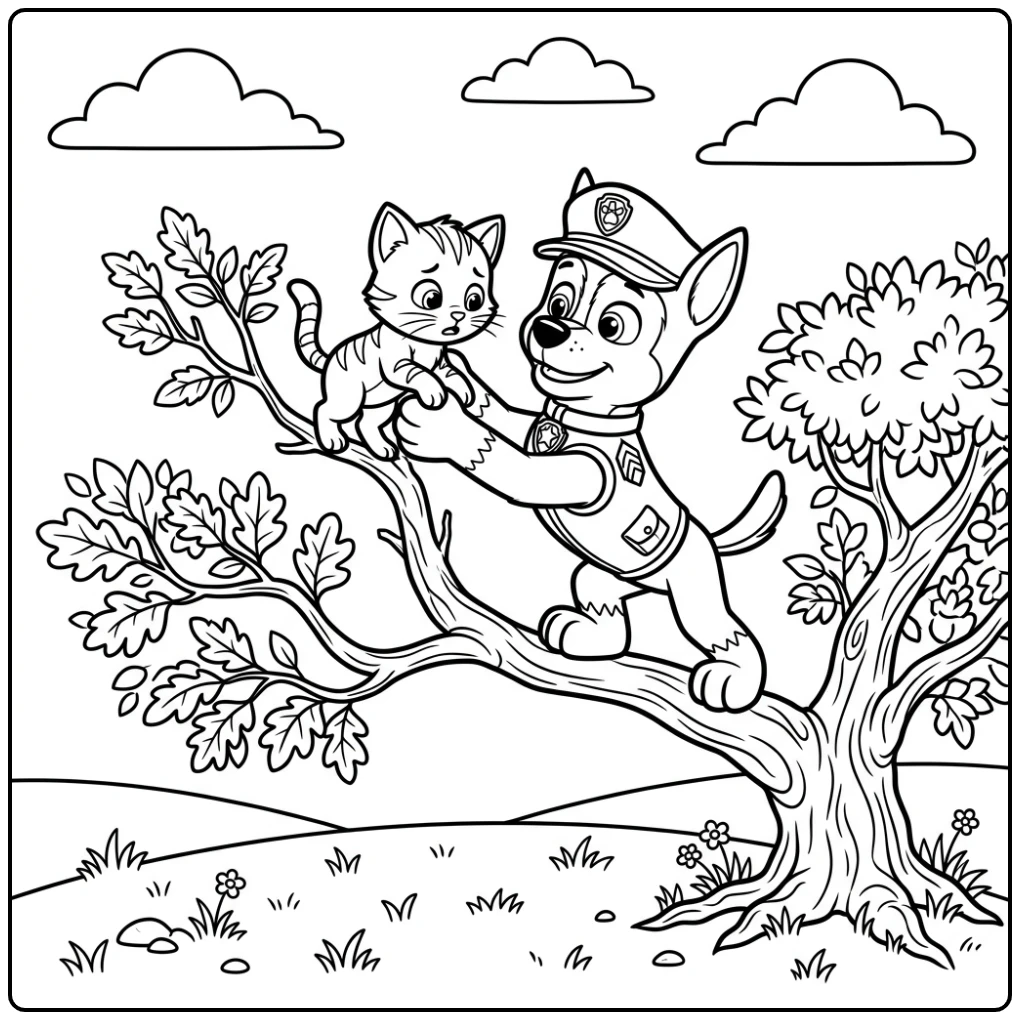 Avontuurlijke kleurplaat paw patrol chase redt een schattig kitten van een tak