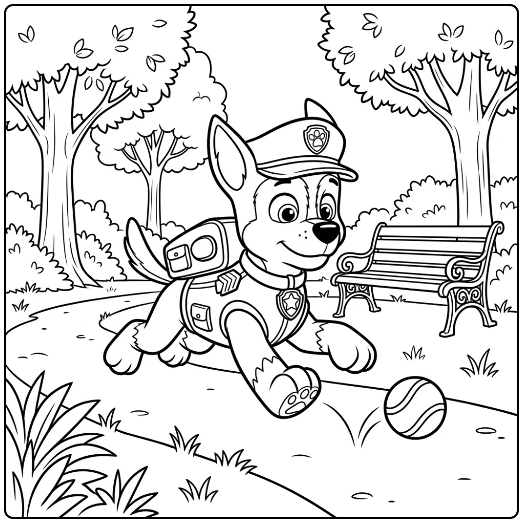 Dynamische kleurplaat paw patrol chase rent achter bal aan in park