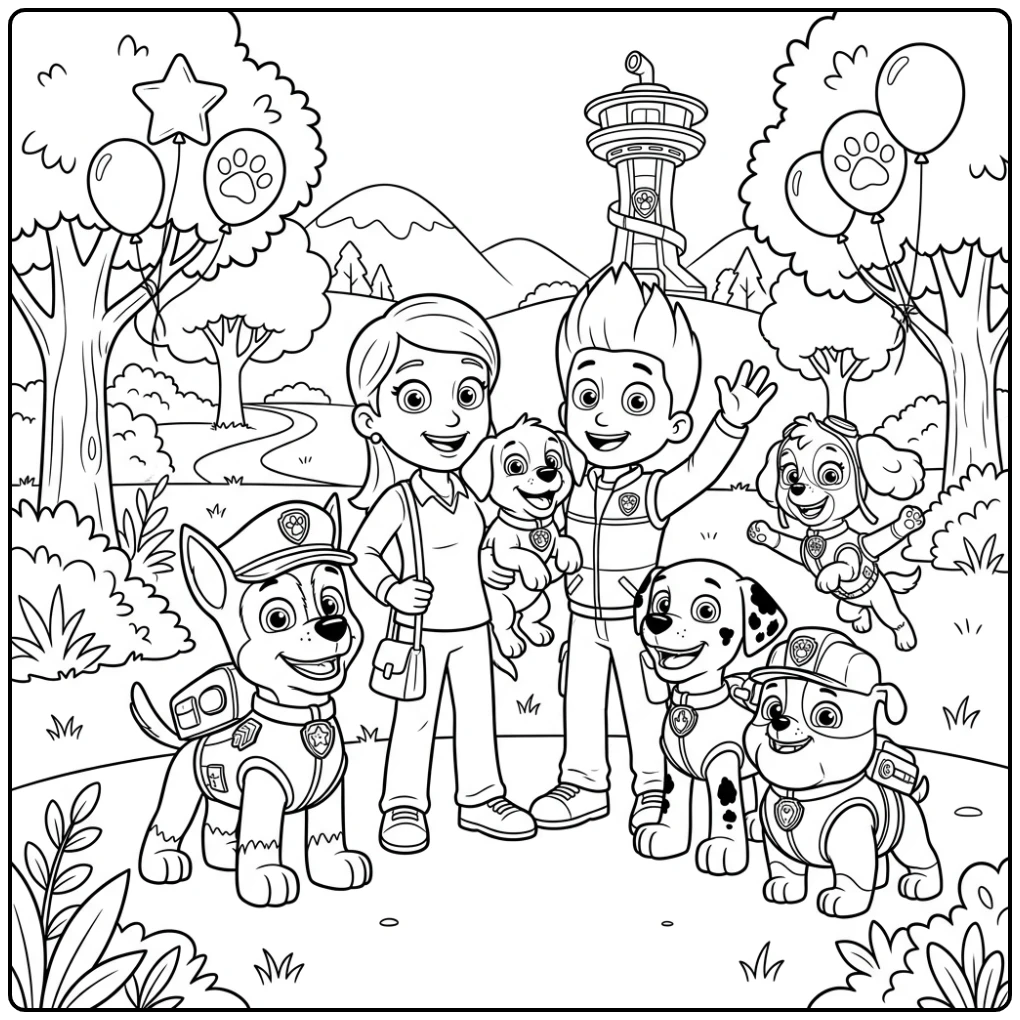 Kleurplaat Paw Patrol Chase: Chase en team vieren redding in park.