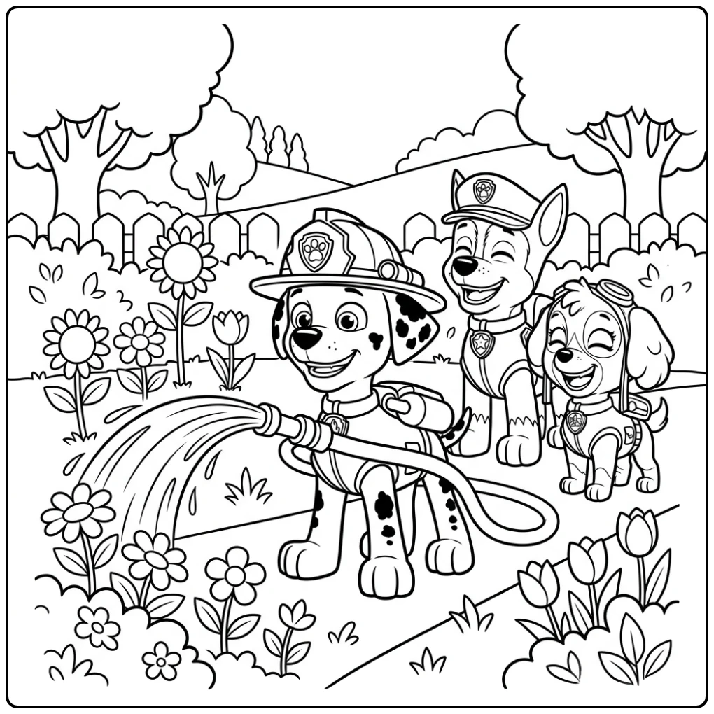 Marshall van Paw Patrol spuit water in de tuin - kleurplaat paw patrol marshall