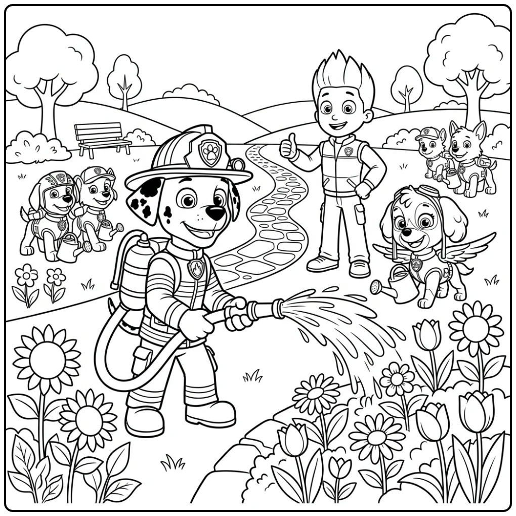 Marshall verzorgt bloemen in het park: kleurplaat paw patrol marshall