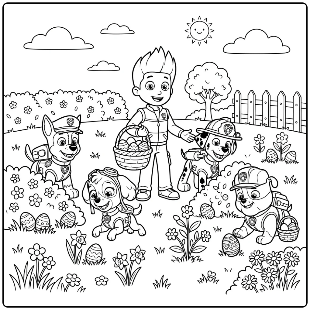 kleurplaat paw patrol pasen met pups en Ryder