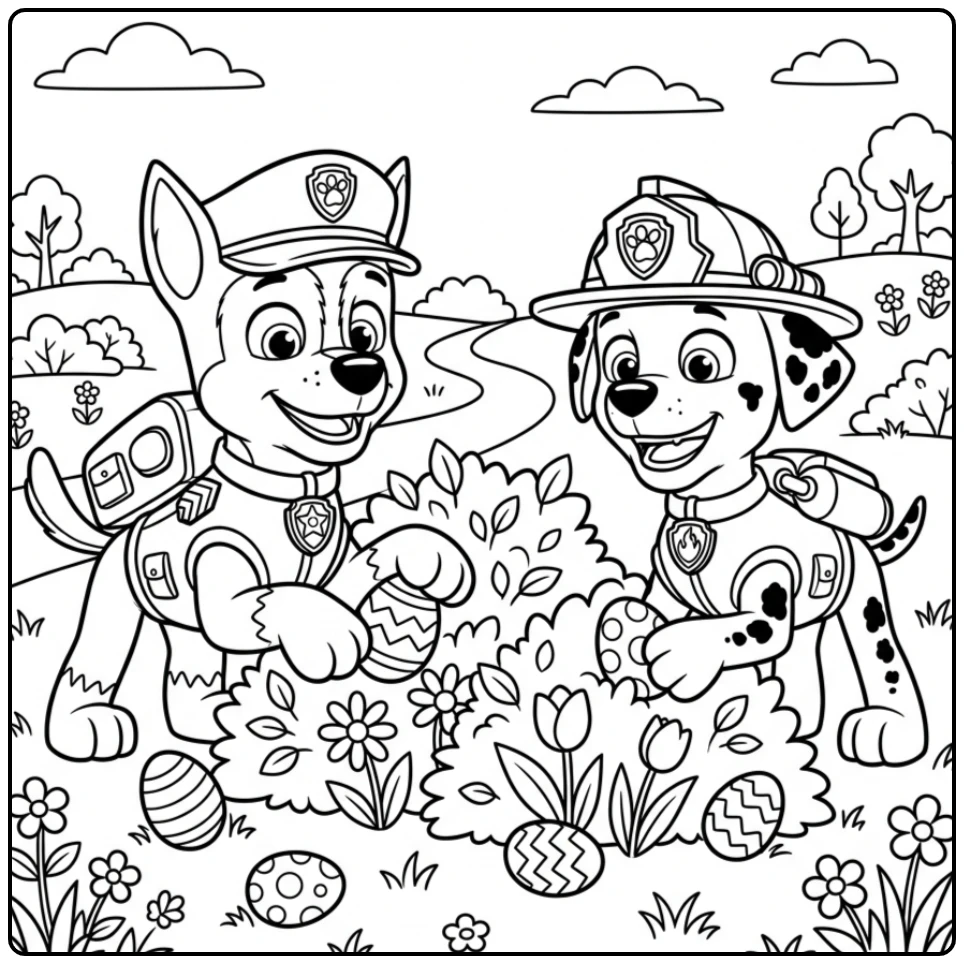 Leuke kleurplaat paw patrol pasen: Chase en Marshall verstoppen eieren.
