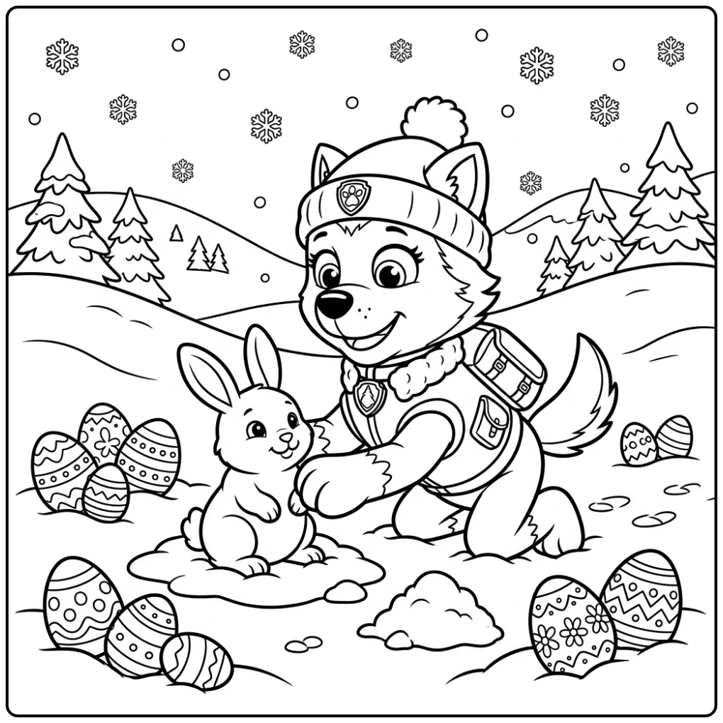 Everest bouwt sneeuwhaas in Pasen, kleurplaat paw patrol pasen