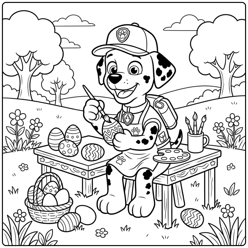 Marshall schildert paaseieren voor Pasen: kleurplaat paw patrol pasen