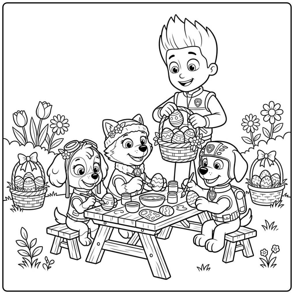 Avontuurlijke kleurplaat paw patrol pasen: pups schilderen paaseieren.