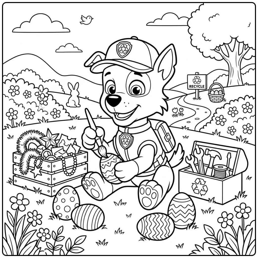 Rocky recycleert voor Pasen: kleurplaat paw patrol pasen met eieren