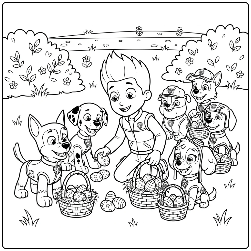 Ryder en pups met paaseieren, kleurplaat paw patrol pasen, in park.