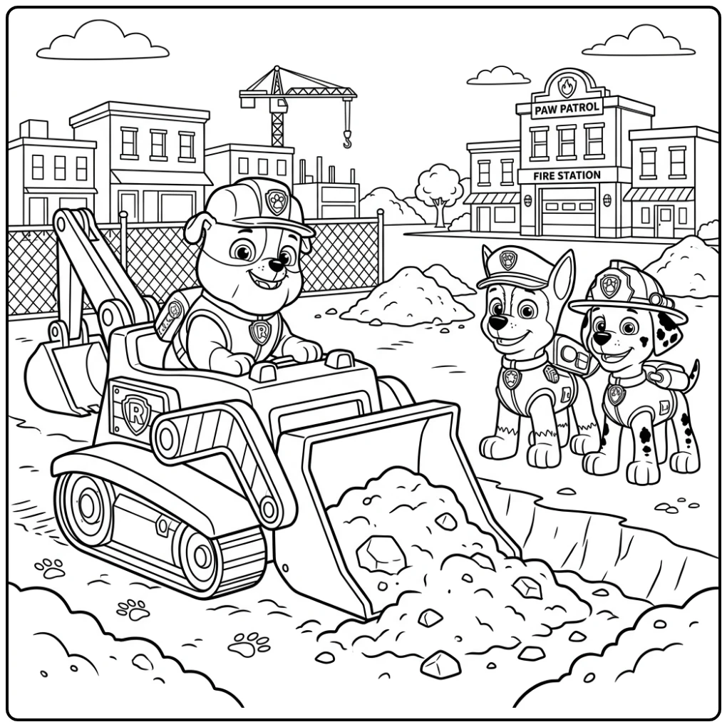 Rubble graaft met bulldozer op bouwplaats, kleurplaat paw patrol rubble