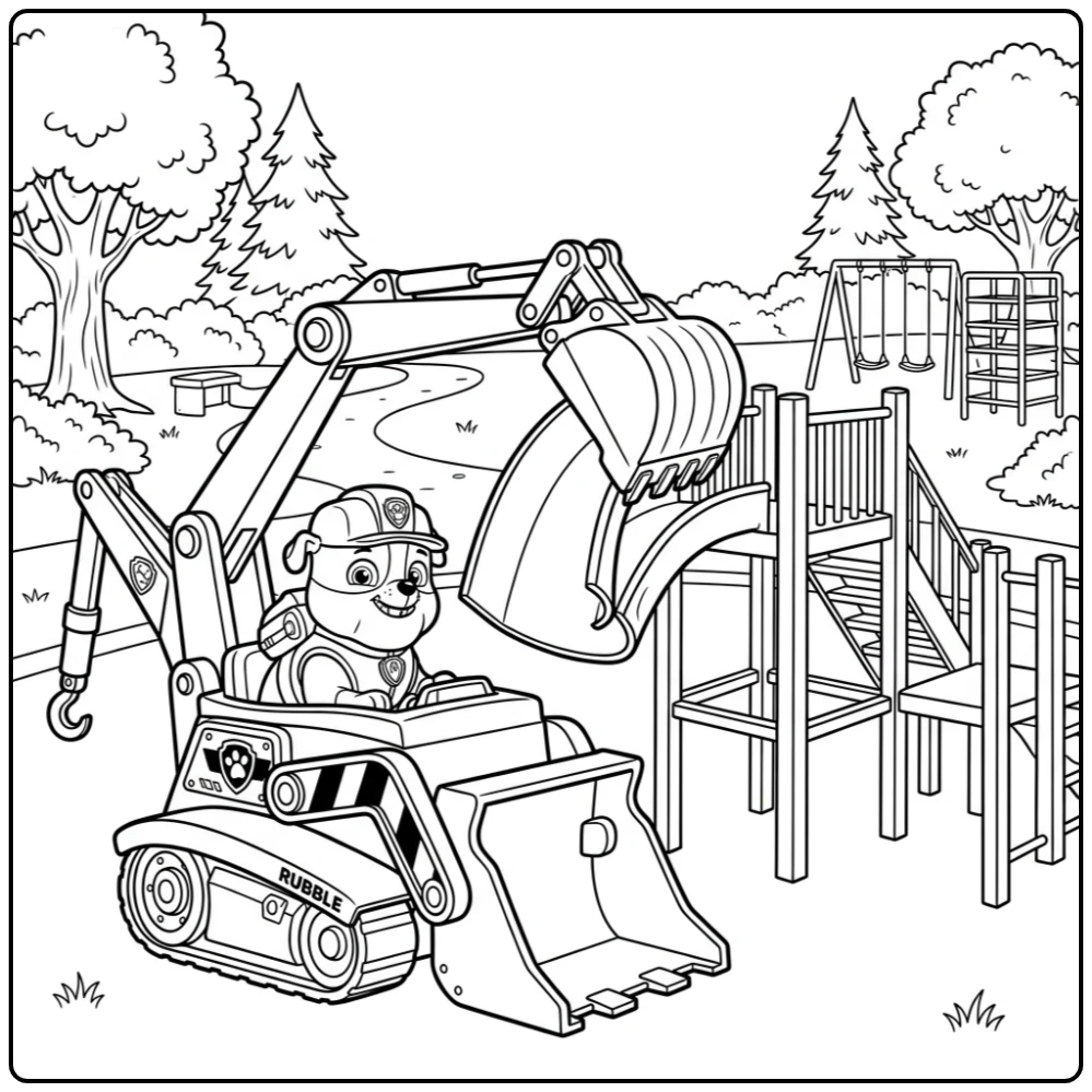 Rubble repareert glijbaan met zijn bouwvoertuig, kleurplaat paw patrol rubble.