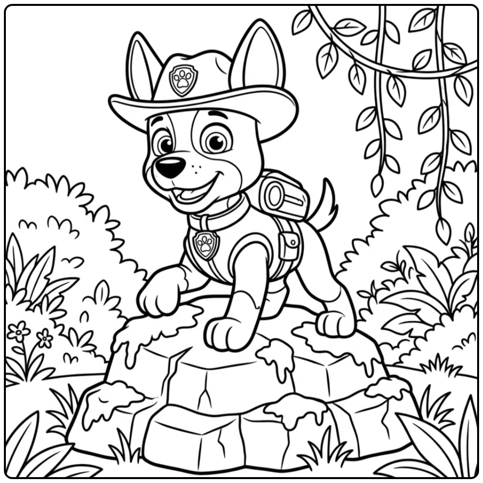 Kleurplaat Paw Patrol Tracker: Tracker klimt vrolijk over een jungle rots.