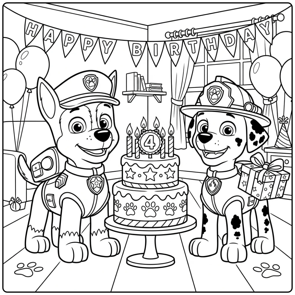 Chase en Marshall op een kleurplaat paw patrol verjaardag 4 jaar.