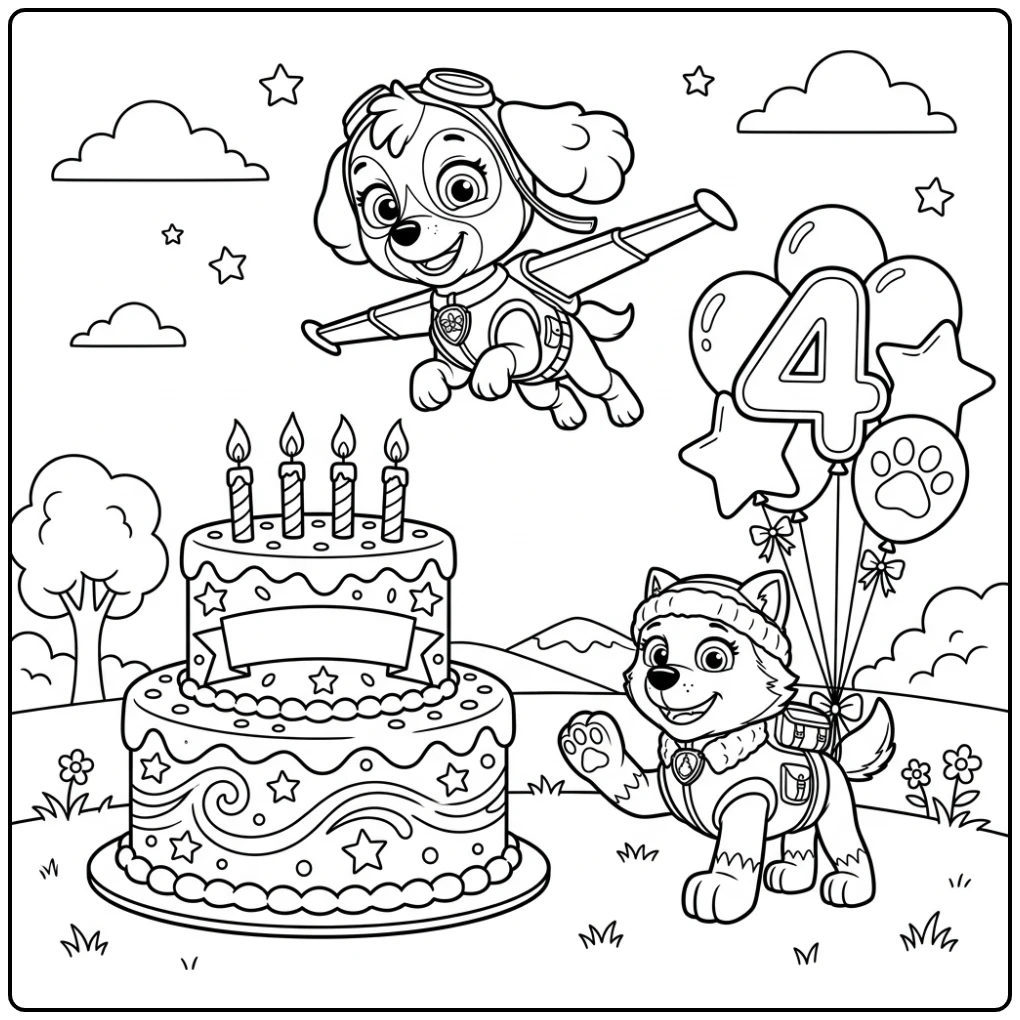Feestelijke kleurplaat paw patrol verjaardag 4 jaar met Skye en Everest.