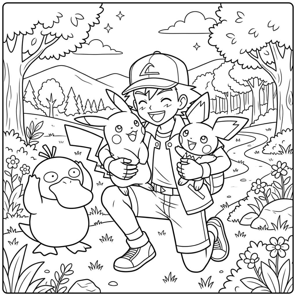 Een leuke kleurplaat pichu met Pikachu, Ash en Psyduck.