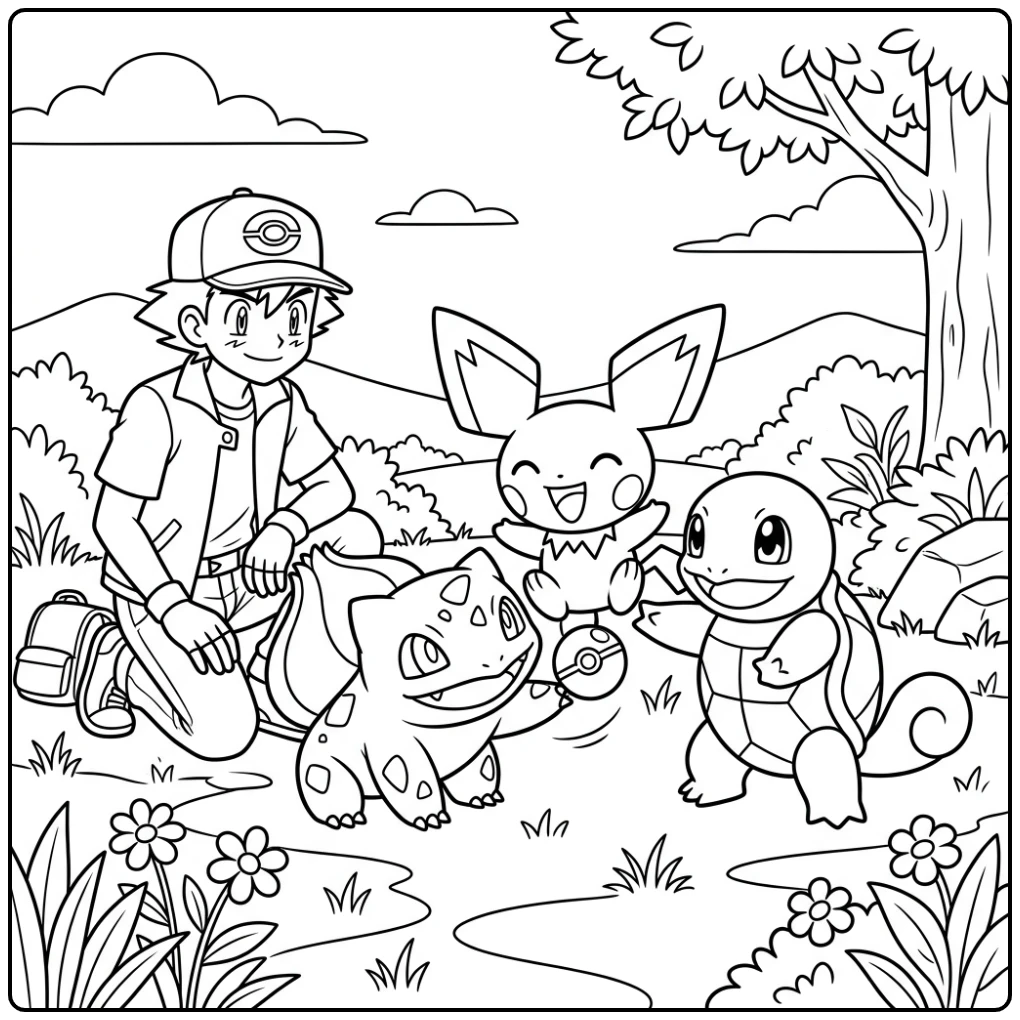 Leuke kleurplaat pichu spelend met Bulbasaur en Squirtle.