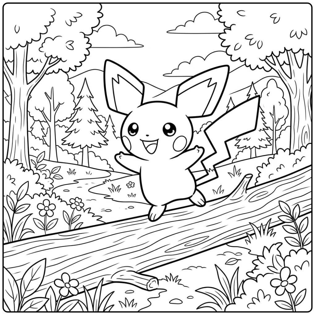 Leuke kleurplaat pichu balancerend op een gladde boomstam.