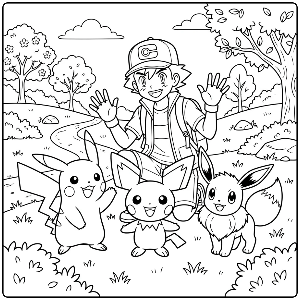 Leuke kleurplaat pichu met Pikachu, Eevee en Satoshi in park.