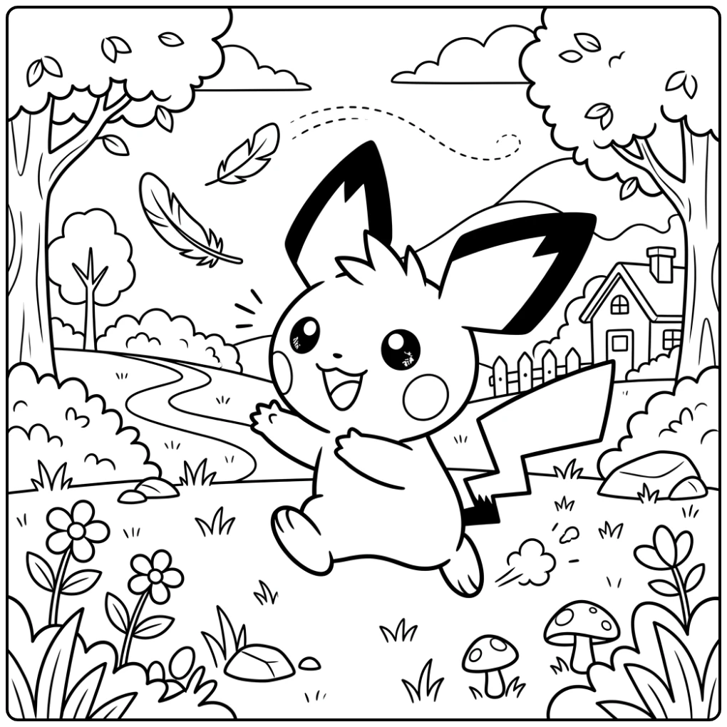 Schattige kleurplaat pichu die een zwevend veertje jaagt.