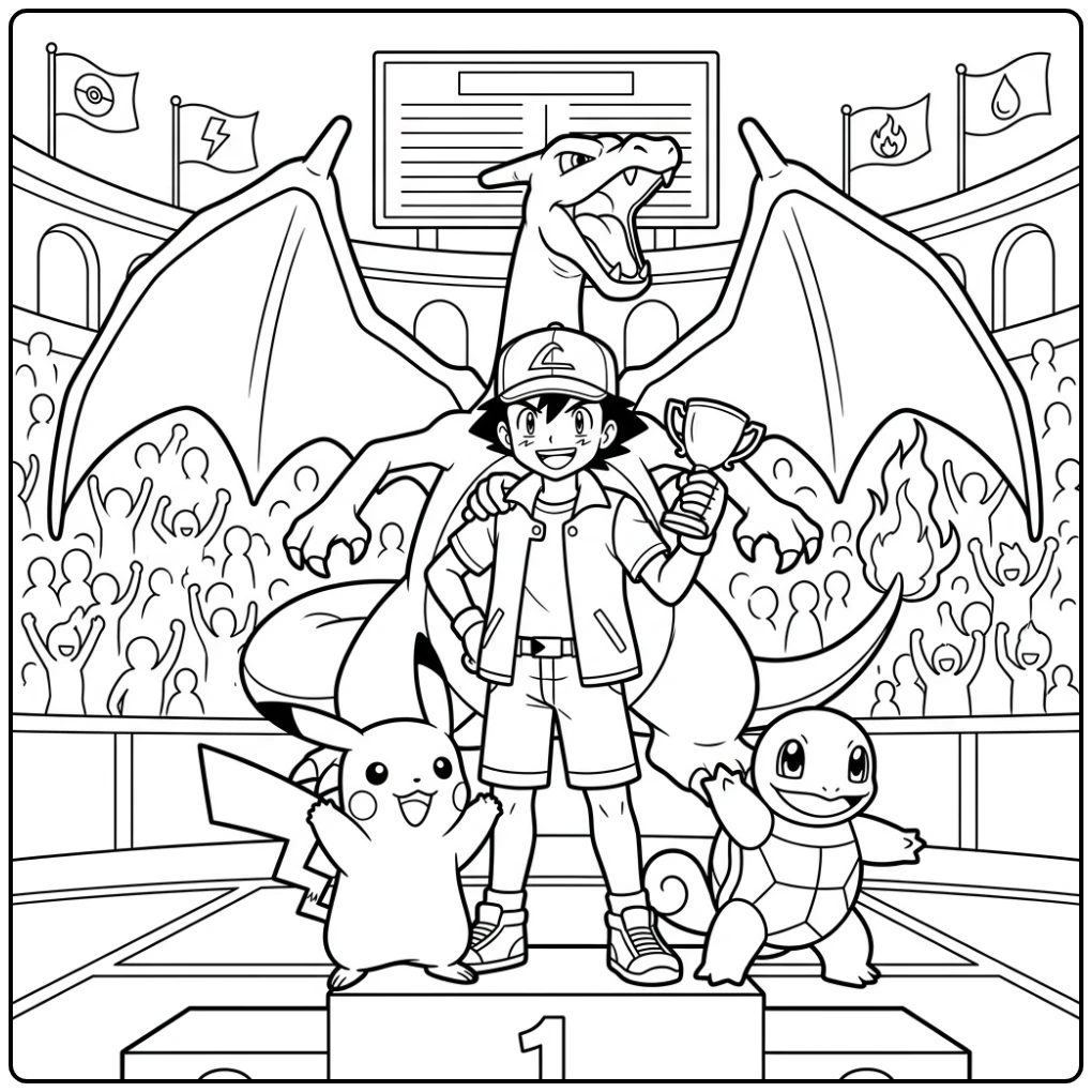 Geweldige kleurplaat pokemon ash met Pikachu en zijn team