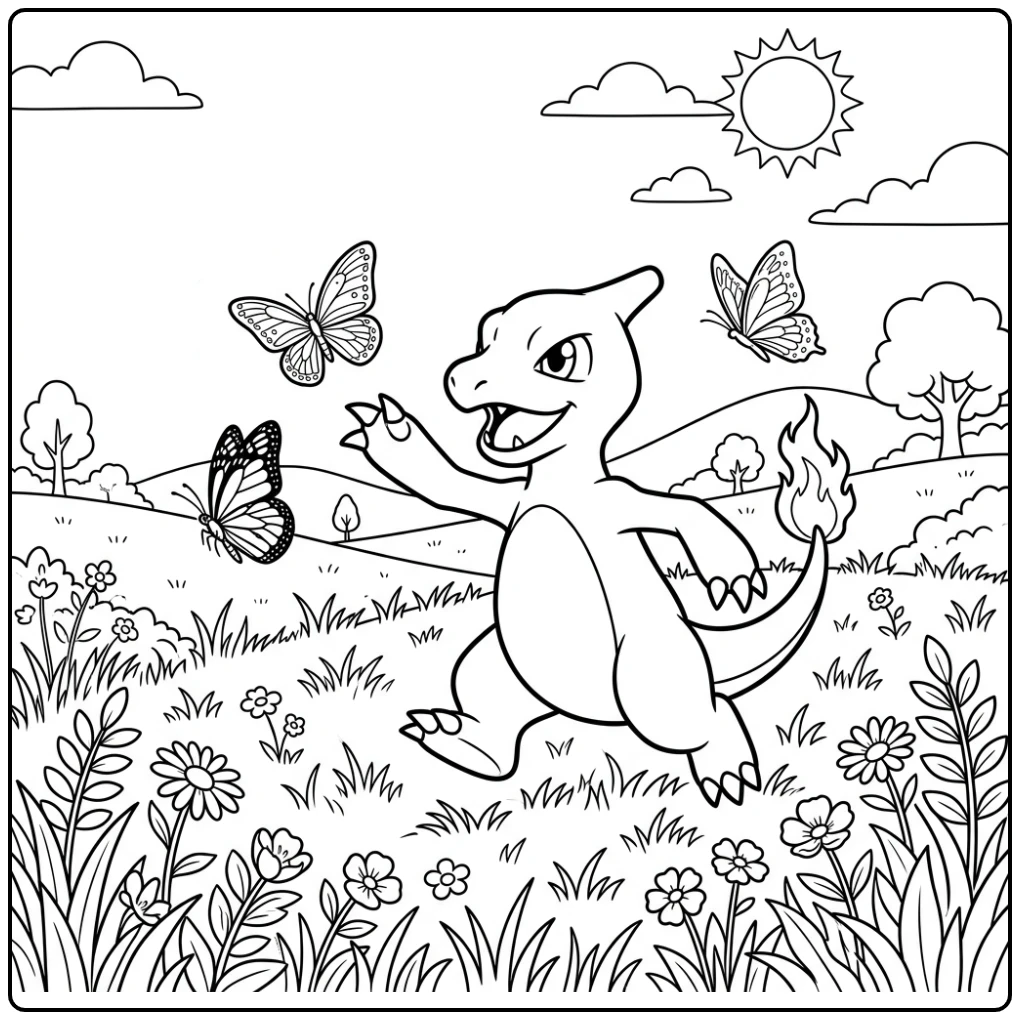 Kleurplaat pokemon charmeleon jaagt vlinders op een zonnige weide.