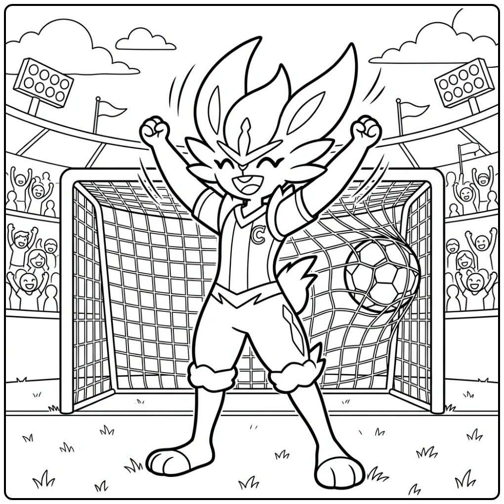 Cinderace viert een doelpunt, kleurplaat pokemon cinderace actie