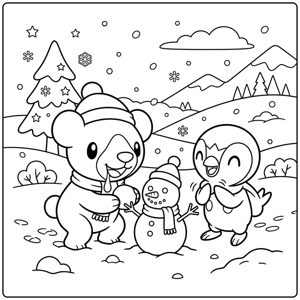 Cubchoo bouwt sneeuwpop, een kleurplaat pokemon schattig tafereel