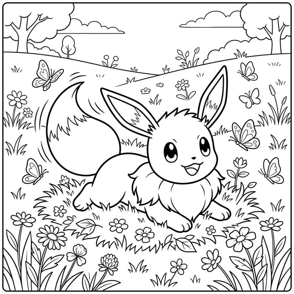 Schattige kleurplaat pokemon schattig eevee in het gras met vlinders.