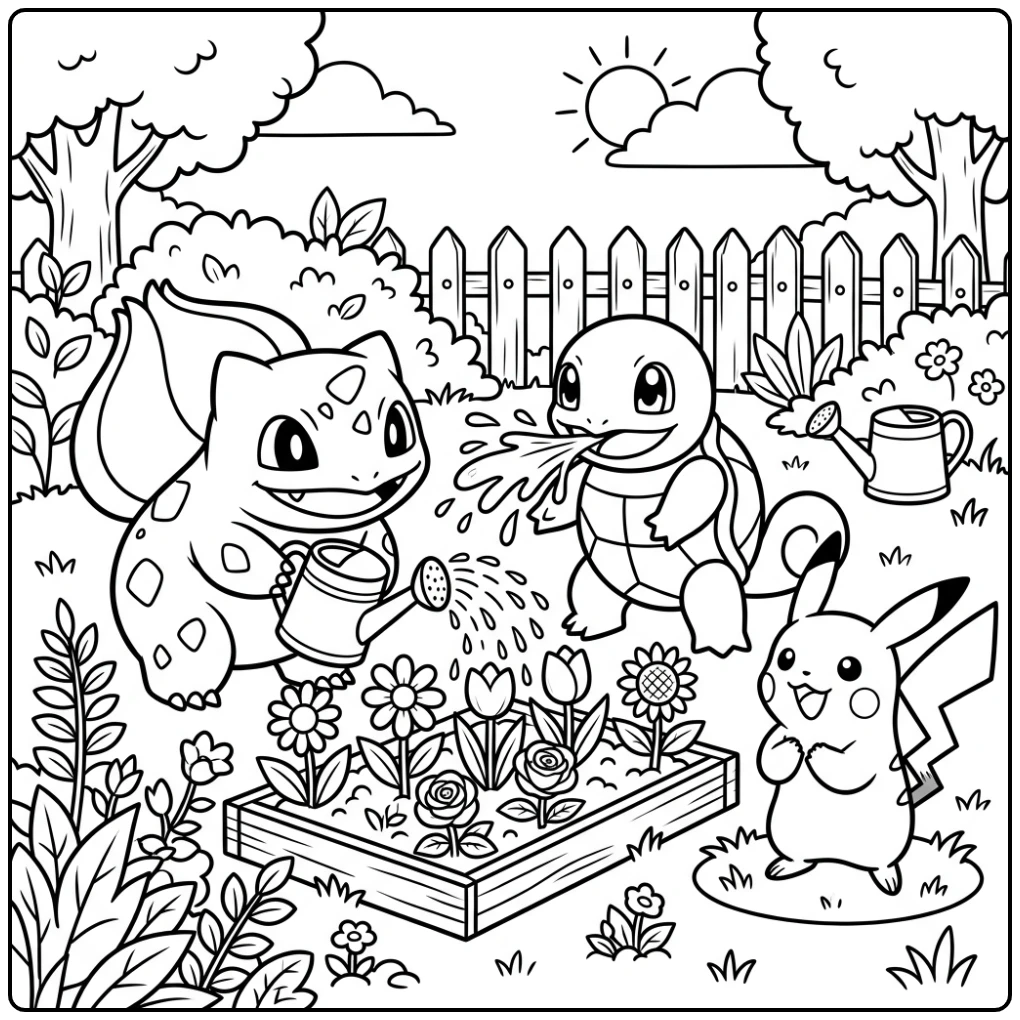 kleurplaat pokemon schattig van Bulbasaur, Squirtle en Pikachu in de tuin
