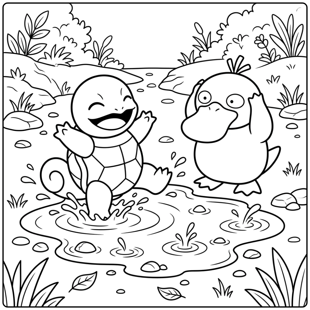 kleurplaat pokemon schattig: Squirtle spat in plas, Psyduck kijkt toe.