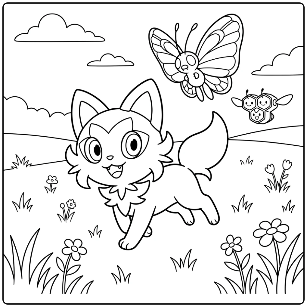 Speelse kleurplaat pokemon sprigatito rent door bloemenweide.