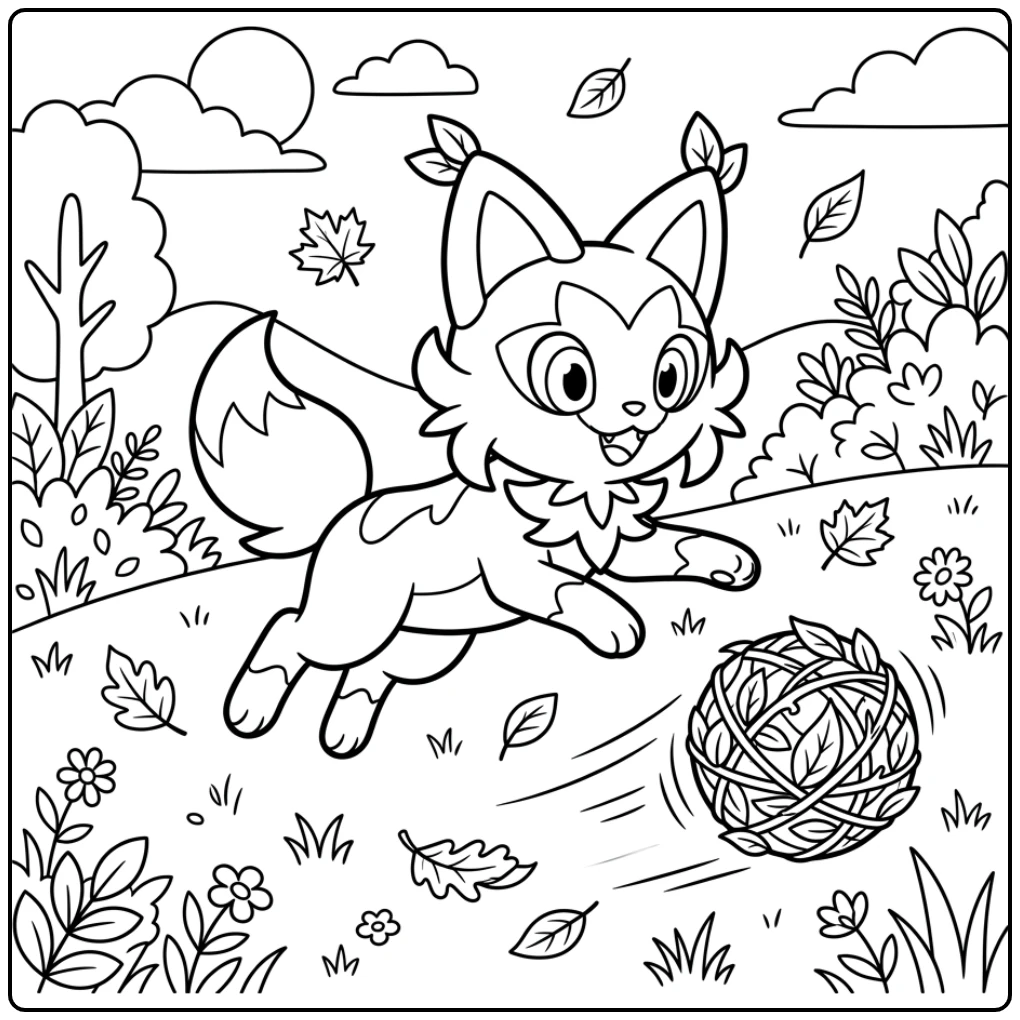 Energetische kleurplaat pokemon sprigatito vangt speelse bladerbal