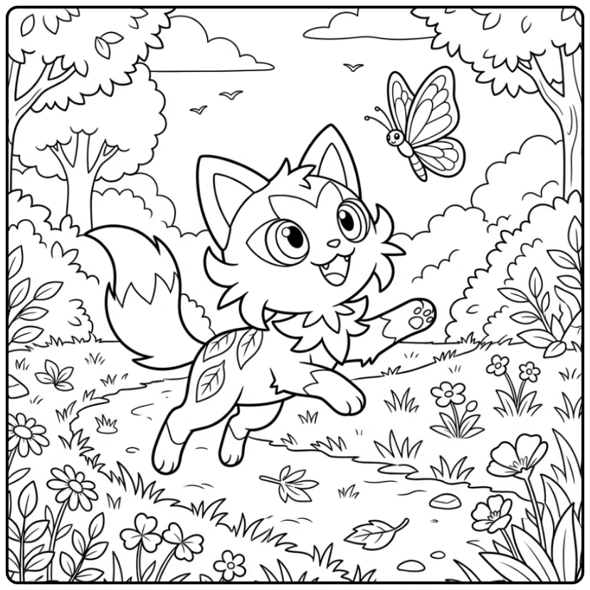 Speelse kleurplaat pokemon sprigatito jaagt vlinder in gras.