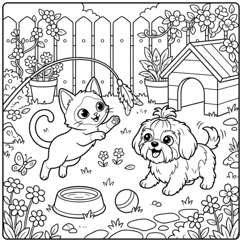 Schattige kleurplaat puppy en kitten met speelgoed.