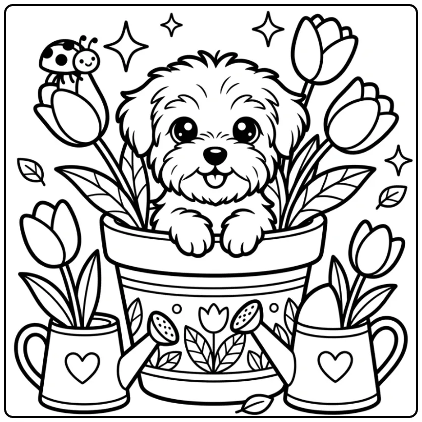 Kleurplaat schattige puppy achter bloempot met tulpjes.