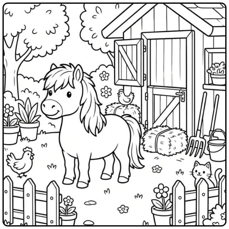 Schattige kleurplaat shetlander pony bij een stal en hooi.